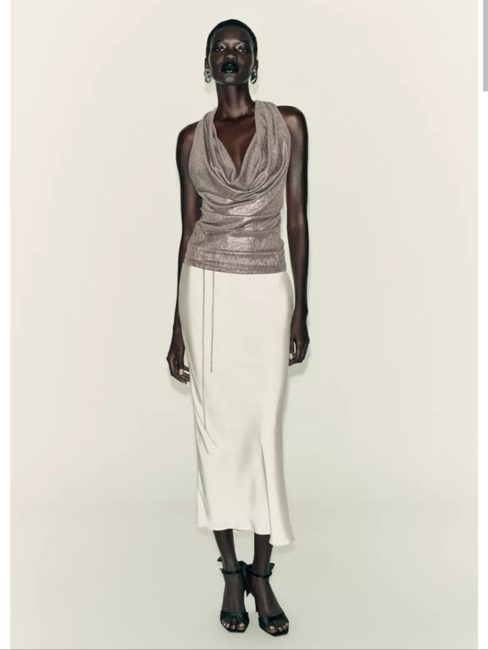Zara Metallic Taupe Halter Draped Cowl Neck Top - Picture 4 of 8
